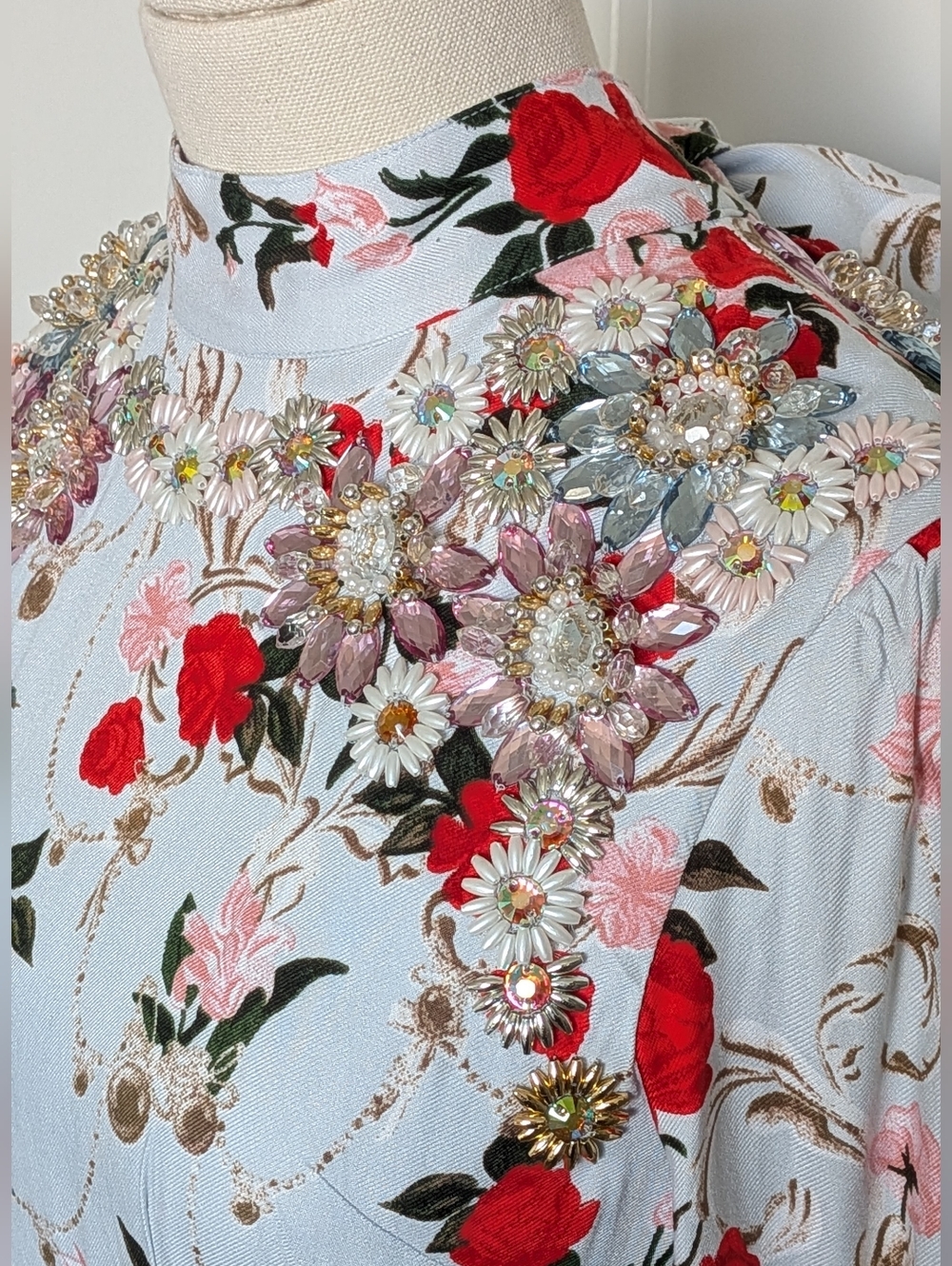 NWT TopShop Light Blue Red Pink Rose Skater Beaded Jewel Floral Dress 4 - Picture 4 of 14